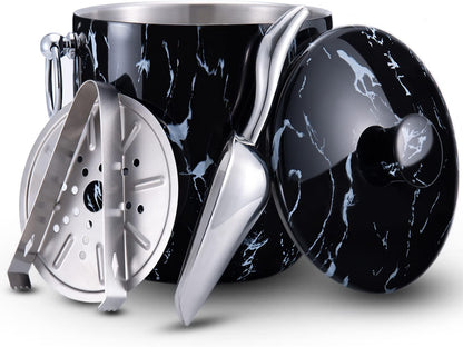 Ice Bucket with Lid, Scoop, Tongs and Strainer - Well Made Insulated Stainless Steel Keep Ice