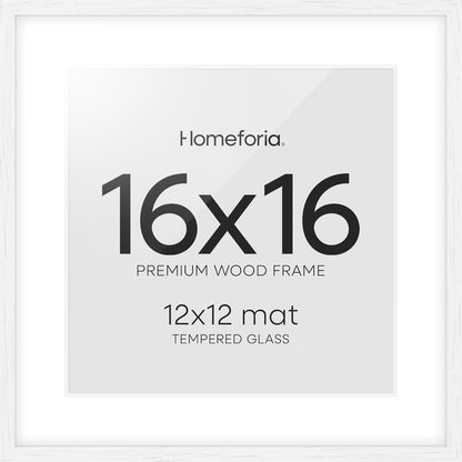 Homeforia 16x16 White Picture Frame, High End Oak 16 x 16 Square Wood Frames with Mat 12 by 12
