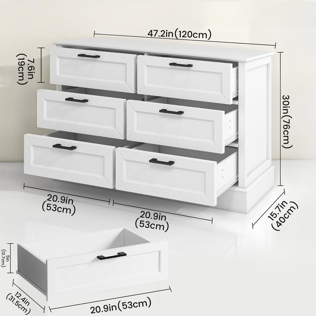 White Dresser for Bedroom with 6 Drawer, Bedroom Furniture Organizer Storage, Wood Double Dresser &