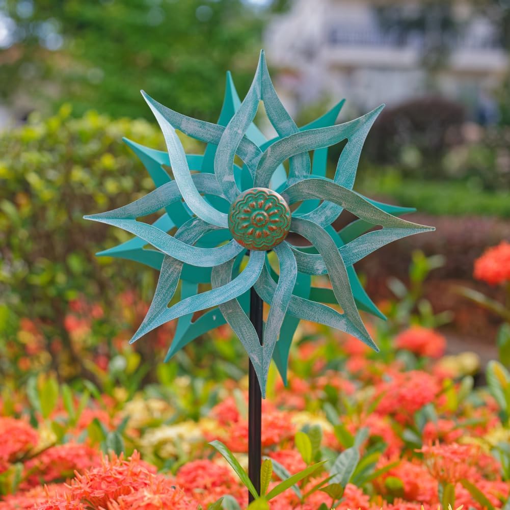 Viveta Metal Wind Spinners,53.5" Kinetic Wind Sculptures,Green Garden Pinwheels Double Layer