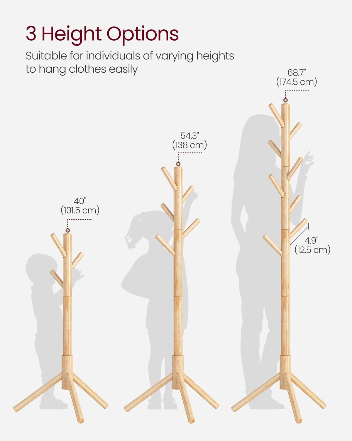 VASAGLE Solid Wood Coat Rack, Free Standing Tree-Shaped Coat Rack with 8 Hooks, 3 Height Options