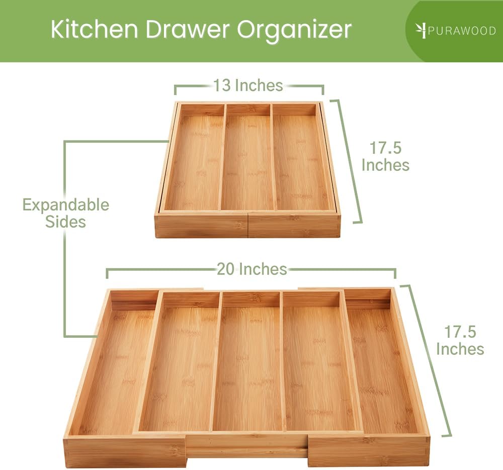 Purawood Kitchen Drawer Organizer - Expandable Utensil Drawer Organizer for Kitchen, Cutlery Tray &