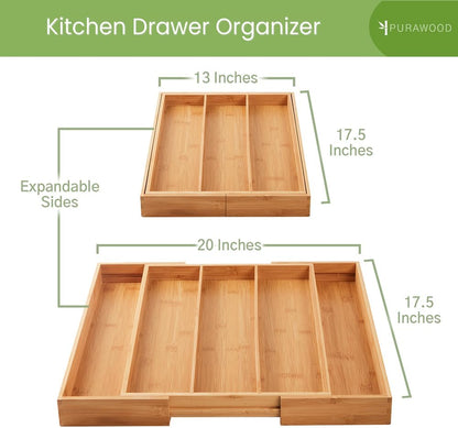 Purawood Kitchen Drawer Organizer - Expandable Utensil Drawer Organizer for Kitchen, Cutlery Tray &