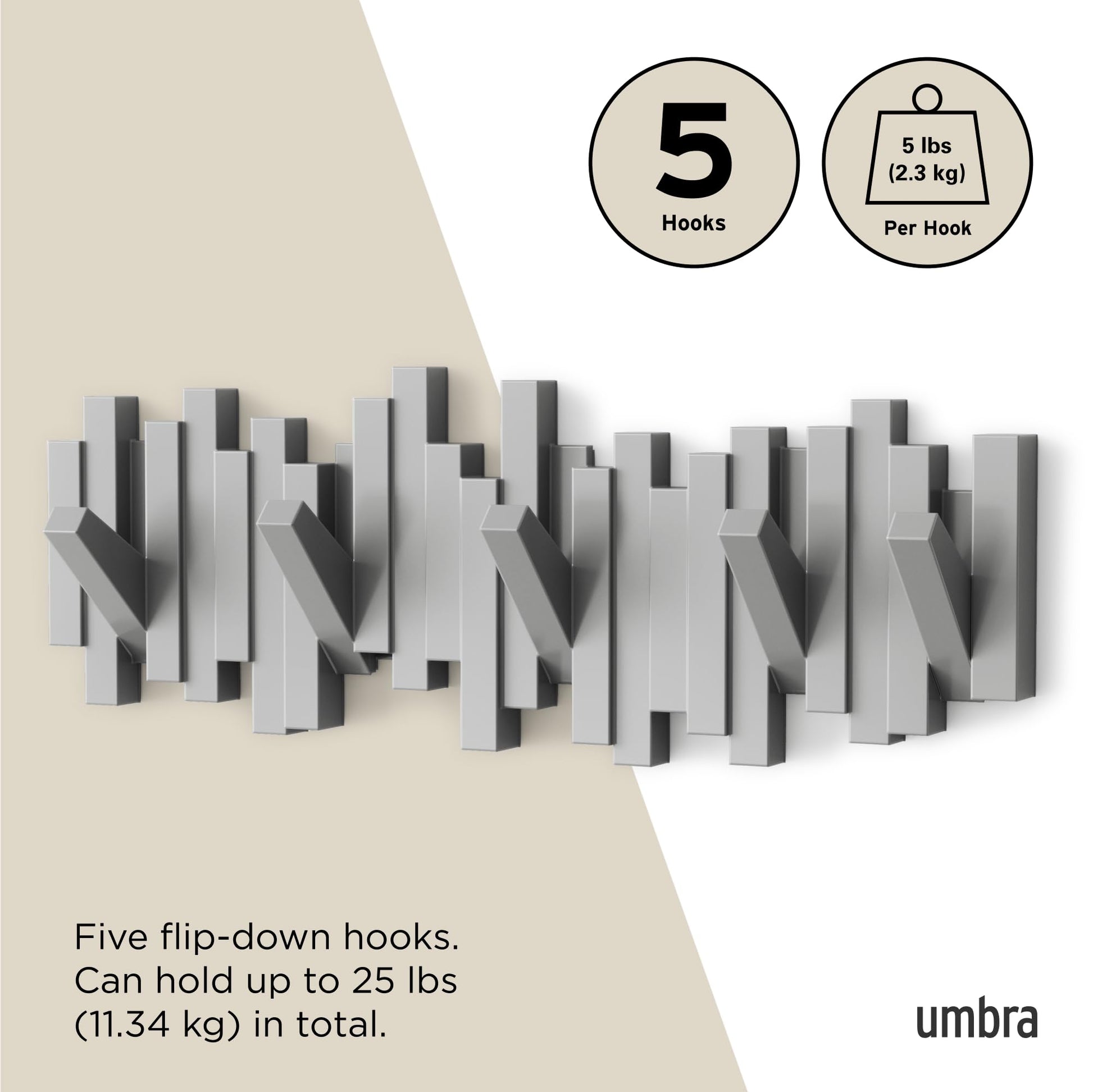 Umbra Sticks Wall Mount Coat Rack, 5 Hook Retractable Pegs, Grey