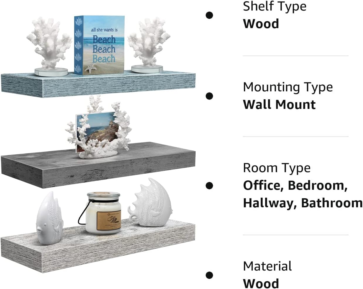 Sorbus Floating Shelves - 3 Pack 16 Inch Rustic Grey Blue Rustic Wall Shelves for Bedroom, Kitchen