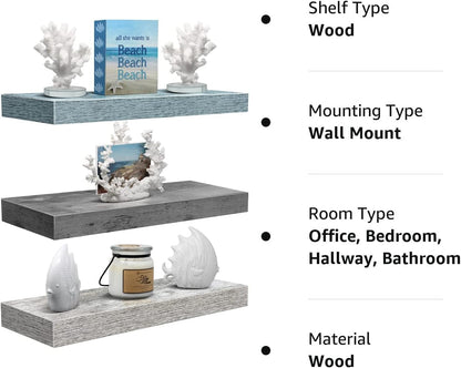 Sorbus Floating Shelves - 3 Pack 16 Inch Rustic Grey Blue Rustic Wall Shelves for Bedroom, Kitchen