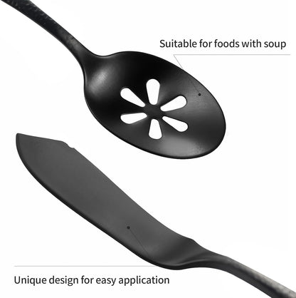 Silverware 45-Piece Matte Black Hammered Flatware Set with Serving Utensils, Stainless Steel Thick