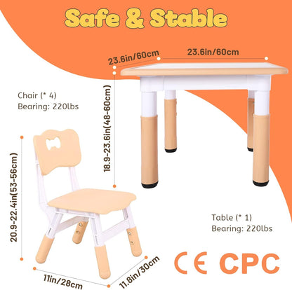 FUNLIO Kids Table and 4 Chairs Set, Height Adjustable Toddler Table and Chair Set for Ages 3-8