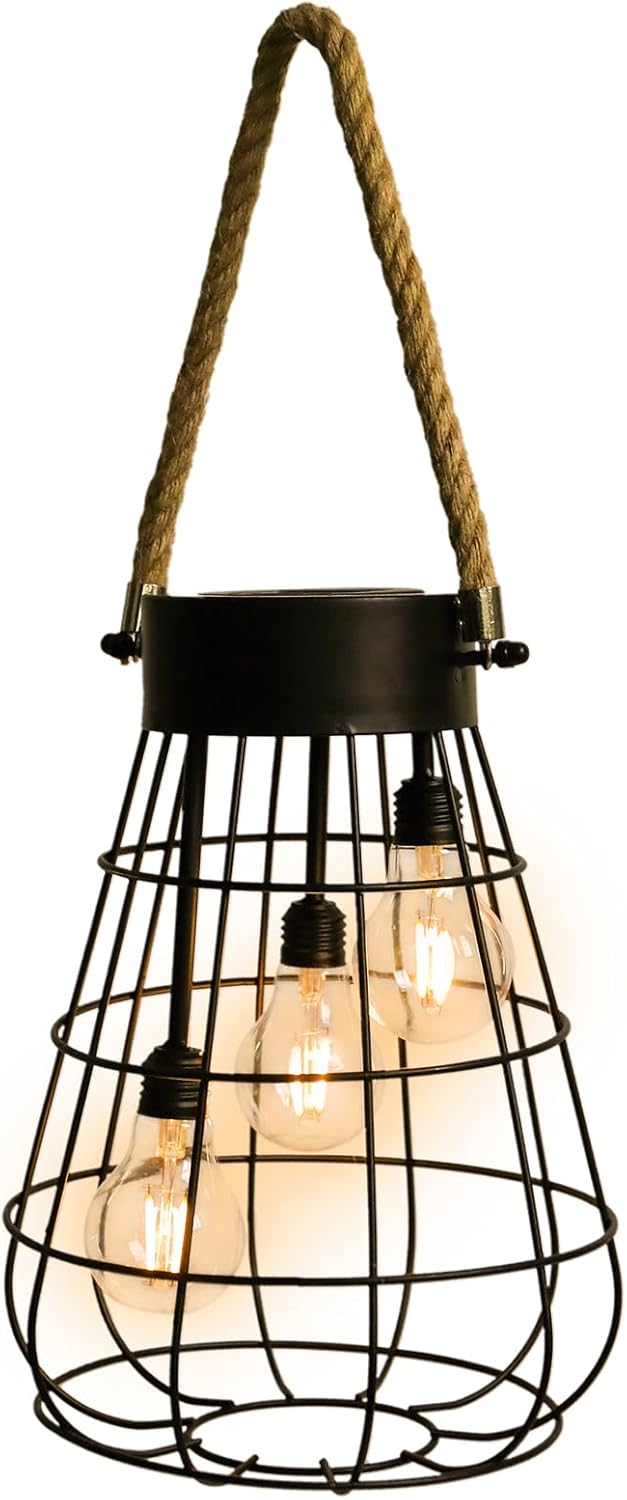 Solar Hanging Lantern with Rope, Vintage Industrial Pendant Light, 12.8" Solar Powered Outdoor
