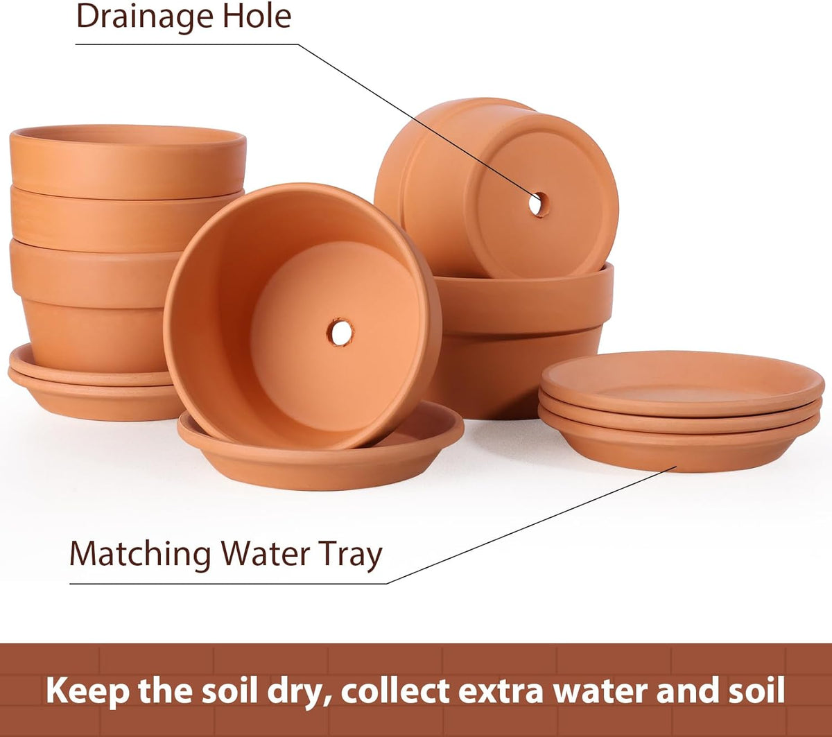 INGOFIN 5 Inch Terracotta Shallow Pots Set with Saucer - Ceramic Clay Pots with Drainage Hole