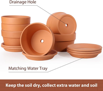 INGOFIN 5 Inch Terracotta Shallow Pots Set with Saucer - Ceramic Clay Pots with Drainage Hole