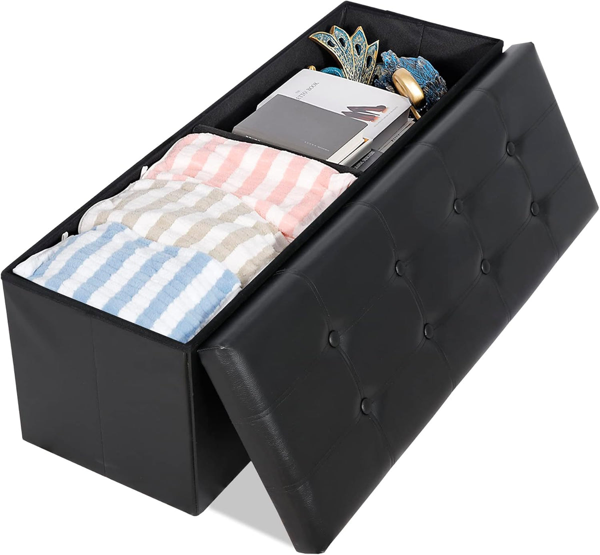 SUPER DEAL 43 Inch Folding Storage Ottoman Bench, Faux Leather Storage Chest Shoes Bench with