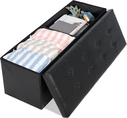 SUPER DEAL 43 Inch Folding Storage Ottoman Bench, Faux Leather Storage Chest Shoes Bench with