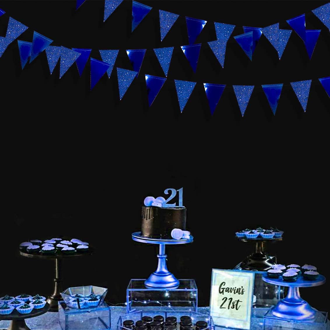30 Ft Royal Blue Party Decorations Navy Blue Metallic Glitter Paper Triangle Banner Flag Garland
