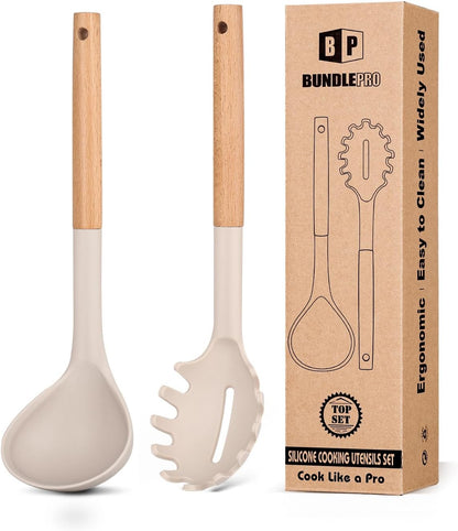 Silicone Pasta Fork and Ladle Spoon Set with Wooden Handle, Heat Resistant Non Stick Kitchen