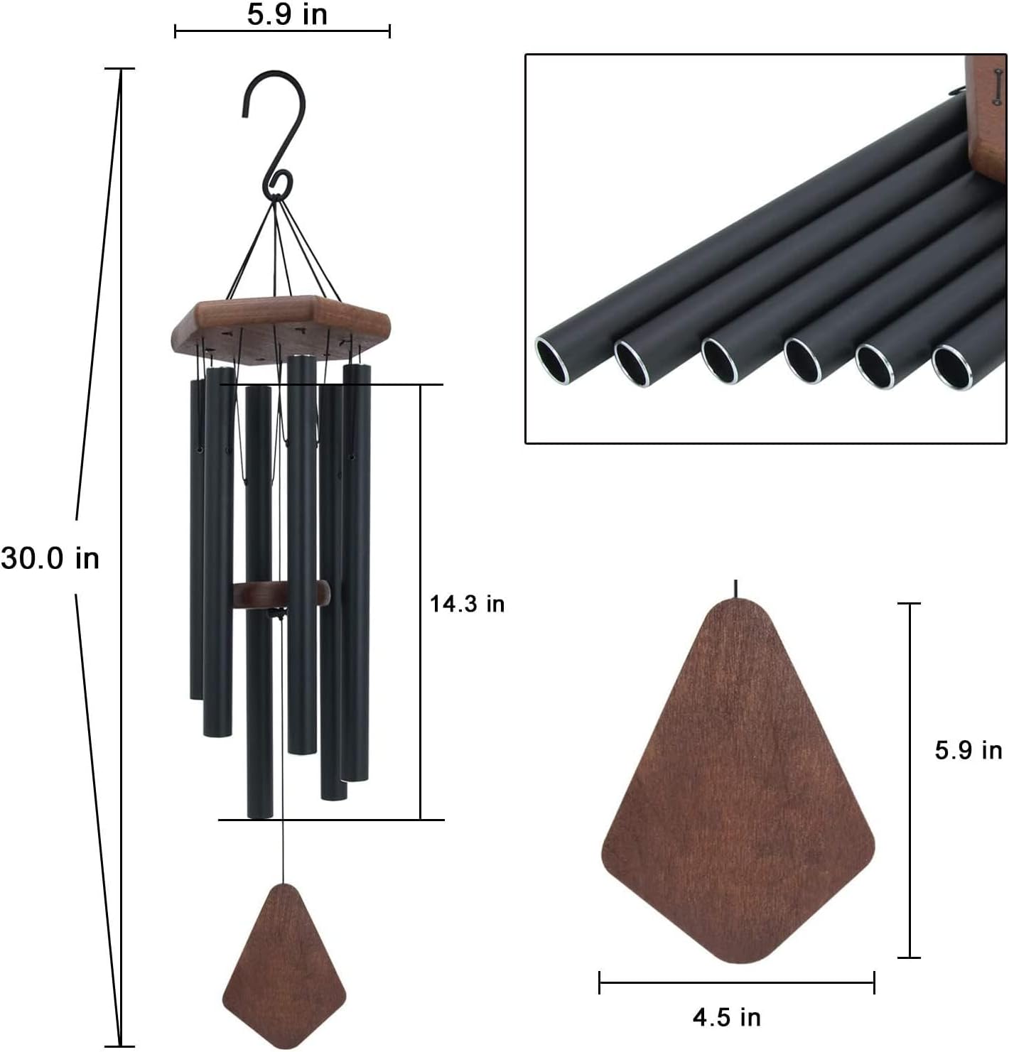 Wind Chimes for Outside, 30" Black Aluminium Wind Chime with Wind Catcher, Outdoor Garden Patio