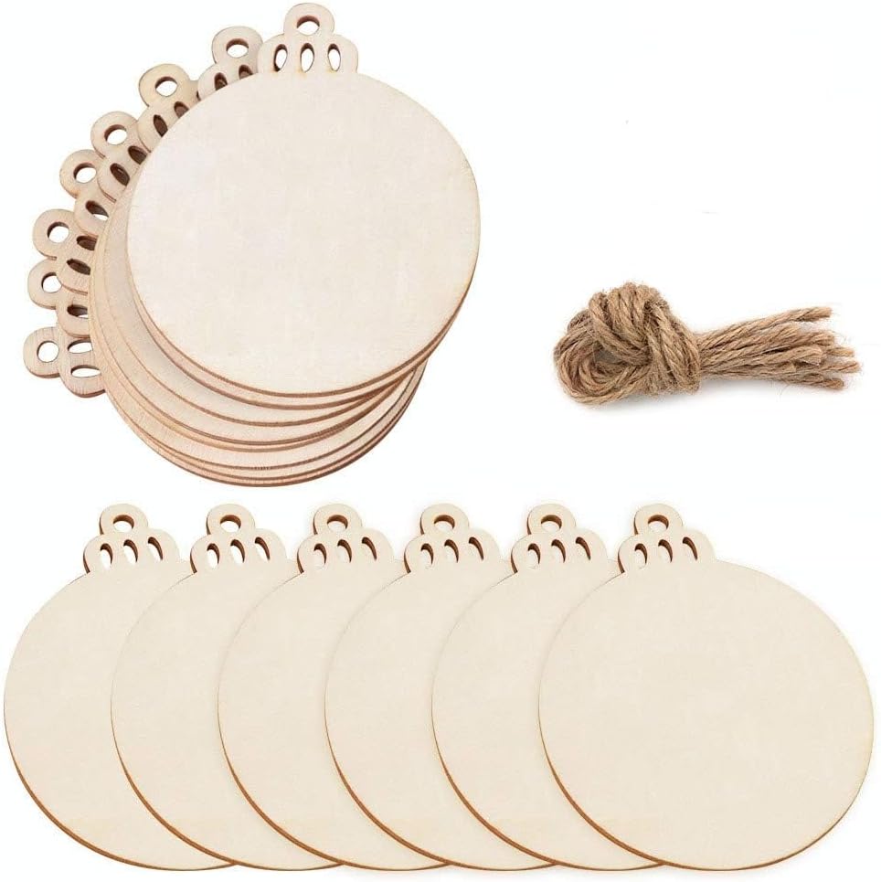 PartyTalk 30pcs Round Wooden Discs with Holes, 3" Unfinished Predrilled Natural Wood Slices for