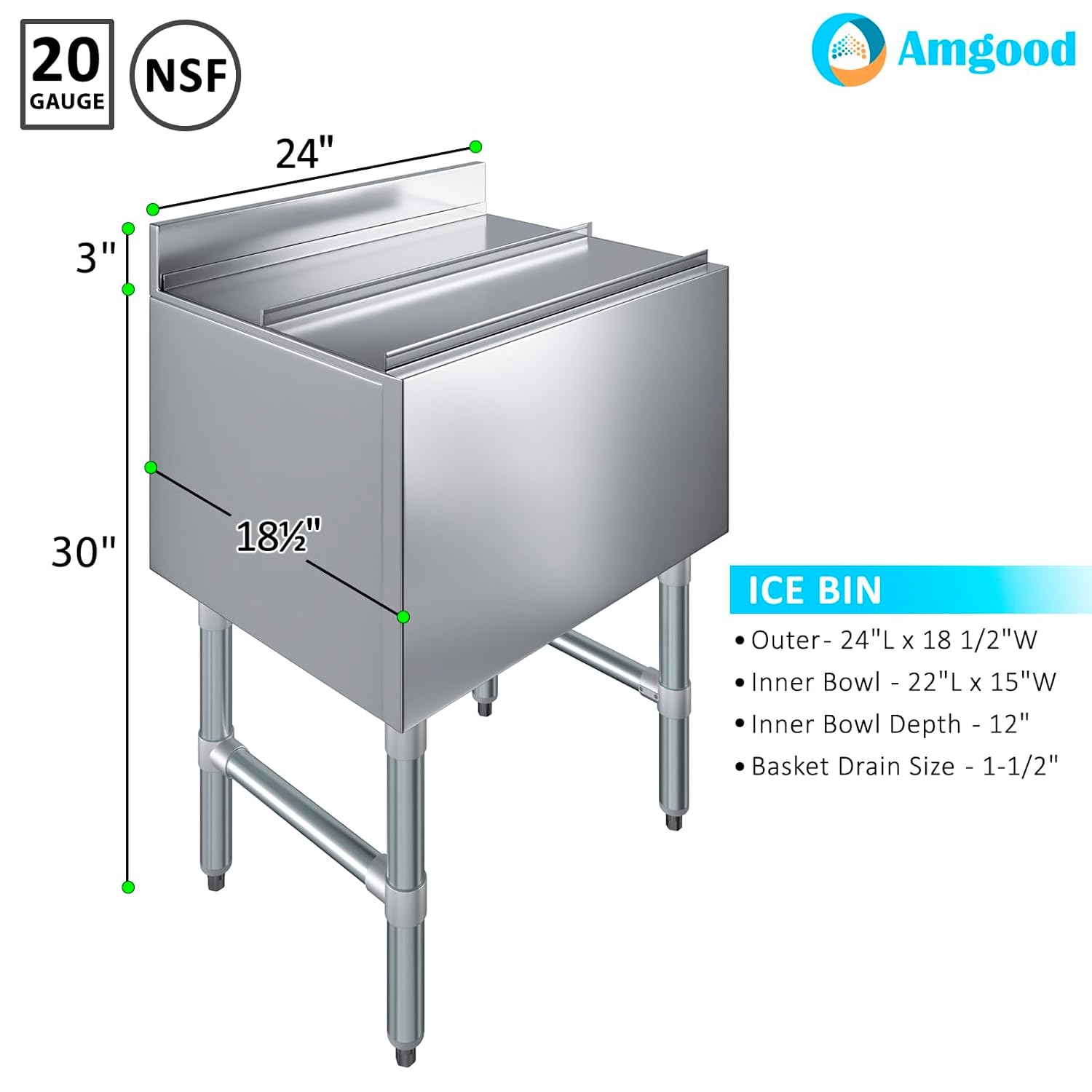 AmGood 18.5 in. x 24 in. Underbar Ice Bin with Sliding Lid | NSF | Stainless Steel Ice Chest with