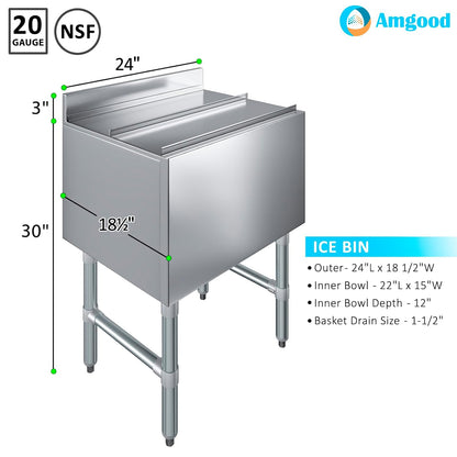 AmGood 18.5 in. x 24 in. Underbar Ice Bin with Sliding Lid | NSF | Stainless Steel Ice Chest with