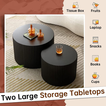 Round Nesting Coffee Table Set of 2 Modern Black Fluted Coffee Table Small Round End Table Side