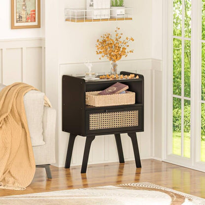 Lerliuo Rattan Nightstand, Bedside Table with Drawer Open Shelf, Cane Accent Side End Table with
