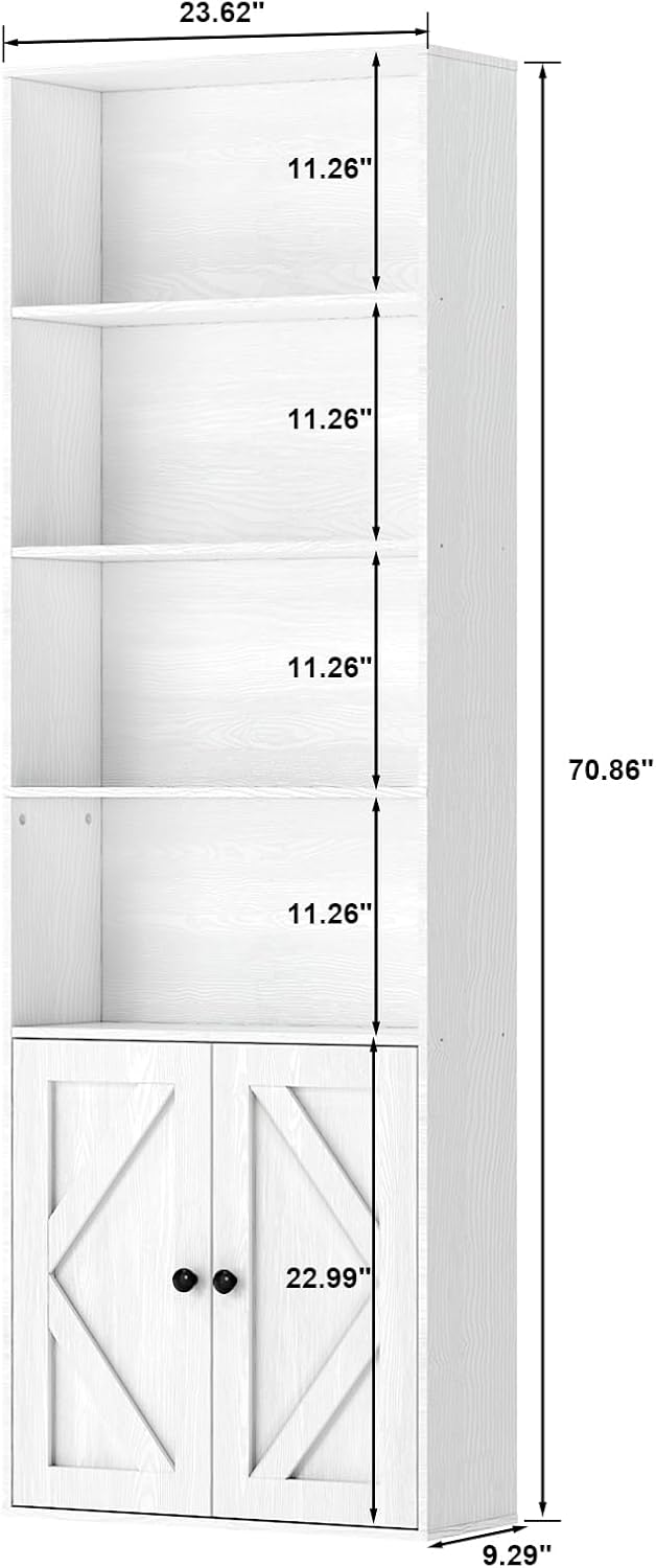 Tall White Bookcase with Doors – Wooden Bookshelf with Storage Cabinet & Shelves for Living Room