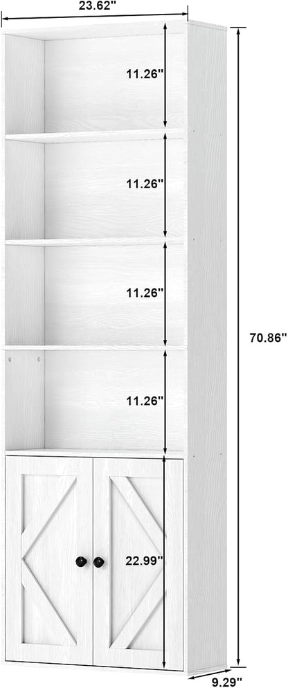 Tall White Bookcase with Doors – Wooden Bookshelf with Storage Cabinet & Shelves for Living Room