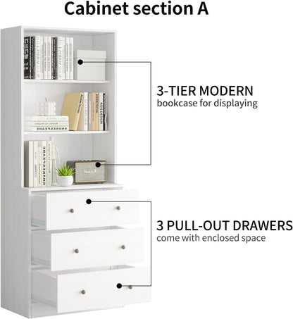 TUSY 71" Bookshelf Bookcase, 3-Tier Modern Bookshelves 3 Large Drawer, Wood Filing Cabinet with