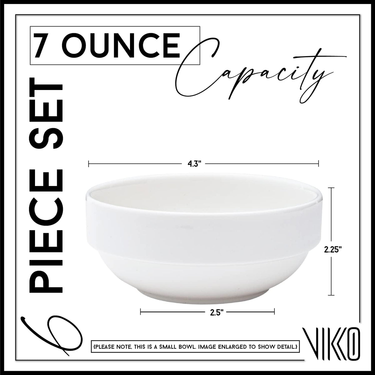 Vikko Small 7 Ounce White Bowl, Set of 6 White Dessert Bowls, Fine Porcelain, Stackable Small Snack