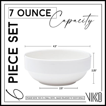 Vikko Small 7 Ounce White Bowl, Set of 6 White Dessert Bowls, Fine Porcelain, Stackable Small Snack