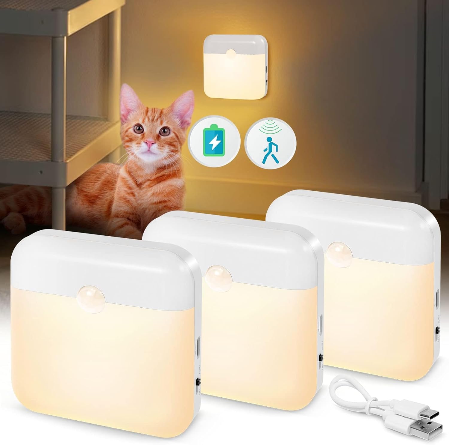 LED Motion Sensor Light - 3 Pack 2 Color USB Rechargeable With Dusk to Dawn Sensor, Stick-On