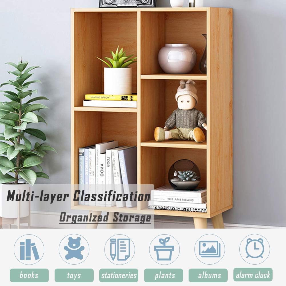 IOTXY Wooden Open Shelf Bookcase - 3-Tier Floor Standing Display Cabinet Rack with Legs, 5 Cubes