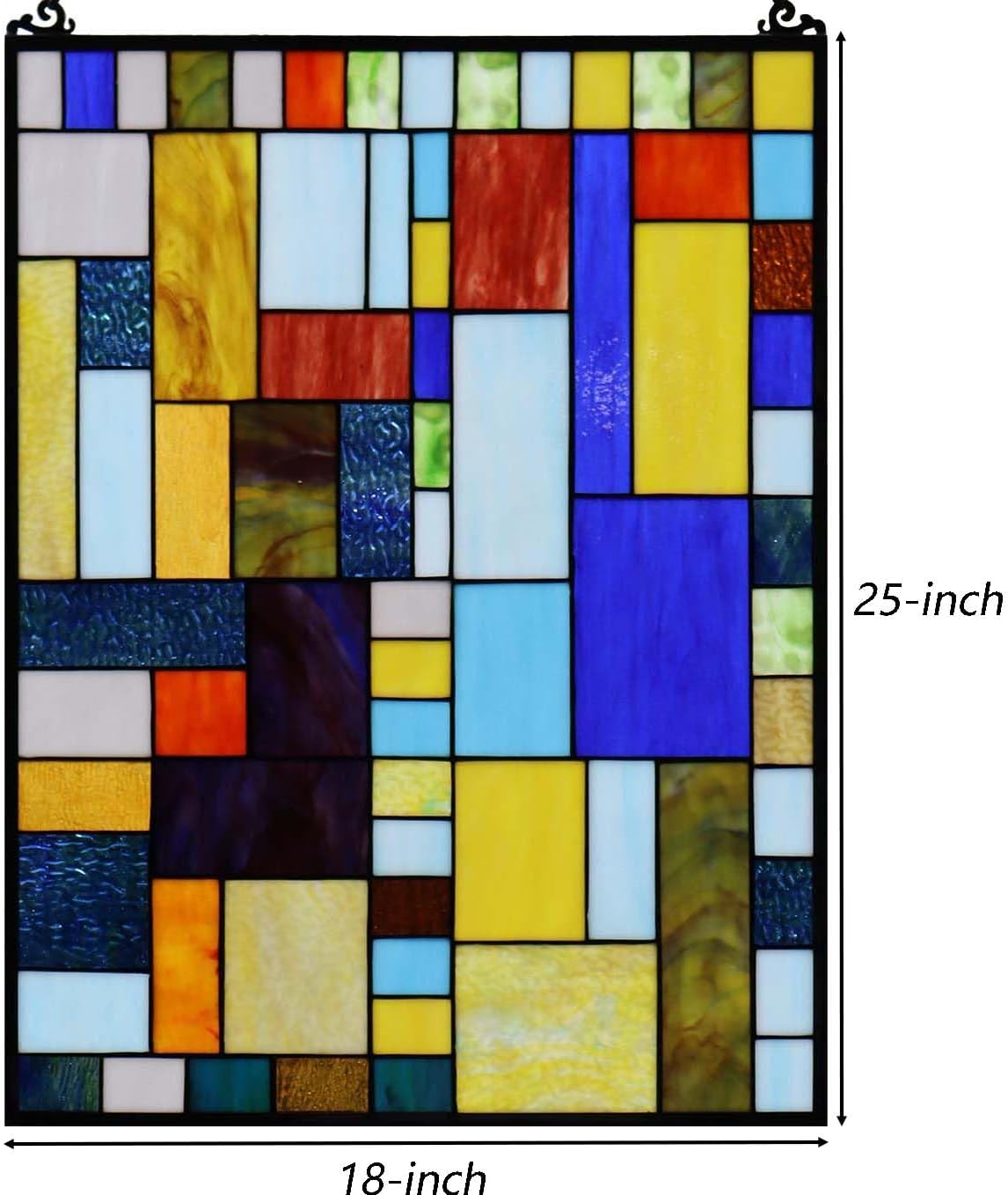 Bieye Geometric Color Block Tiffany Style Stained Glass Window Panel with Hanging Chain (18x25