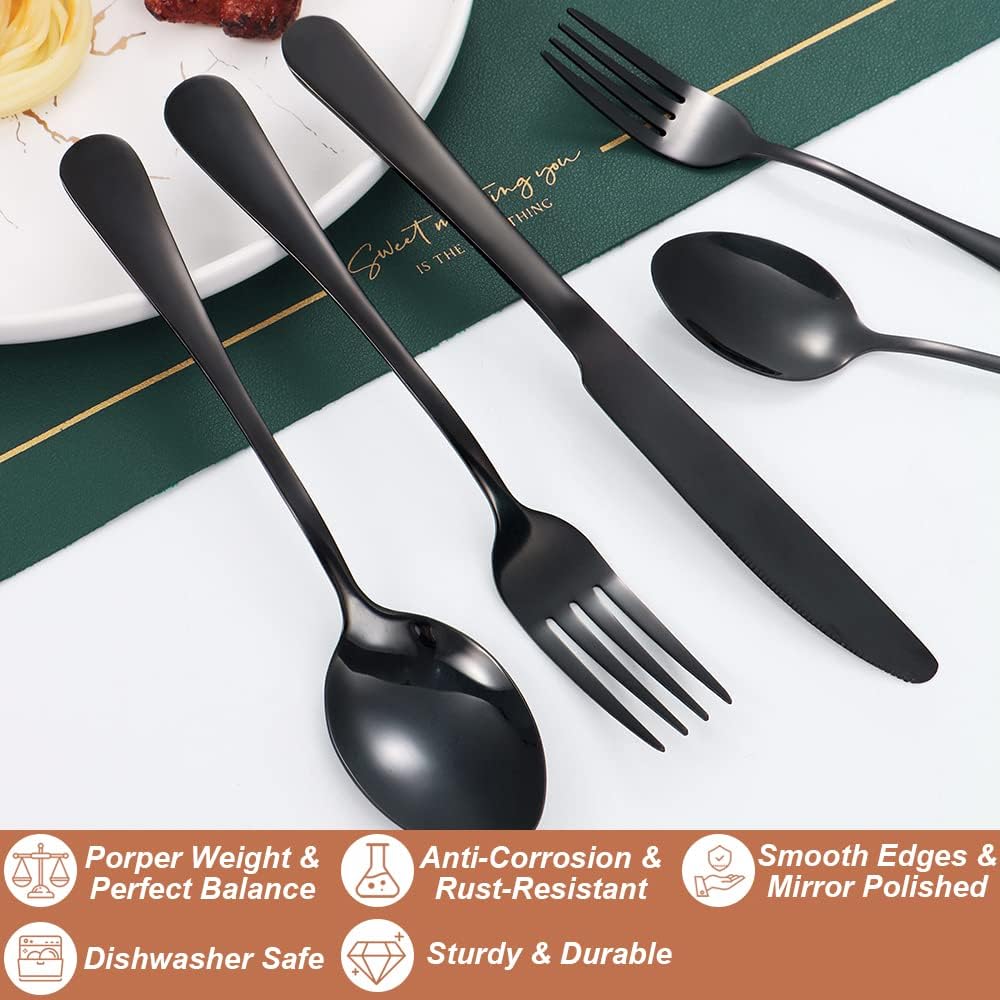 Lazycorner 20 Pcs Black Silverware Set for 4, Mirror Polished Flatware Set Stainless Steel Fork