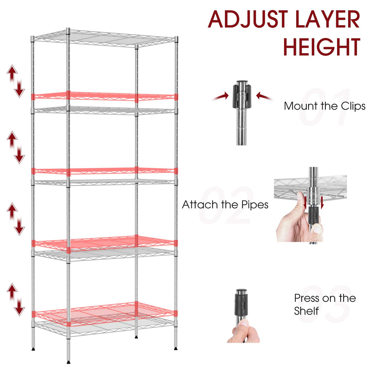 Large Wire Shelving Unit 5-Tier Metal Storage Shelves Heavy Duty Garage Shelving Adjustable Storage