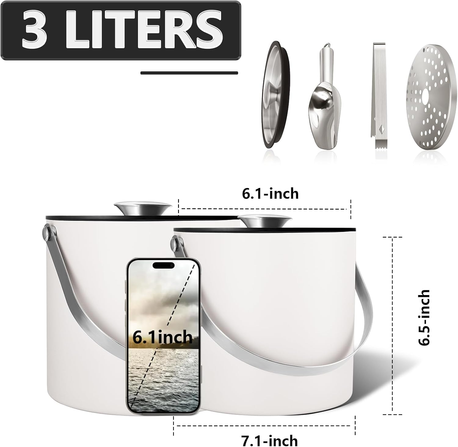 Insulated Ice Bucket with Silicone Lid, Scoop, Tongs & Strainer, 3L Stainless Steel Double Wall Ice