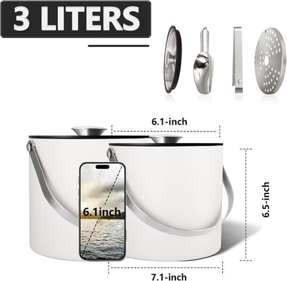 Insulated Ice Bucket with Silicone Lid, Scoop, Tongs & Strainer, 3L Stainless Steel Double Wall Ice