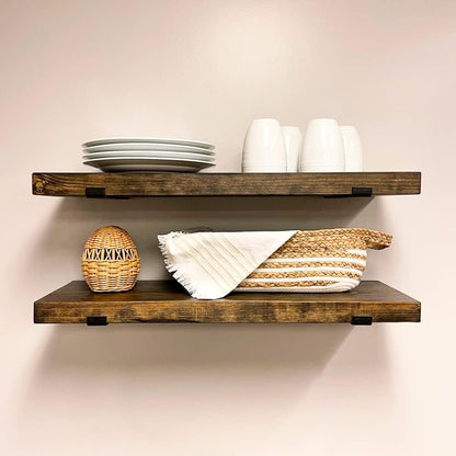 Rustic Shelves with J-Brackets Set of 2, Industrial Shelf, Kitchen Shelves, Solid Wood, Decorative