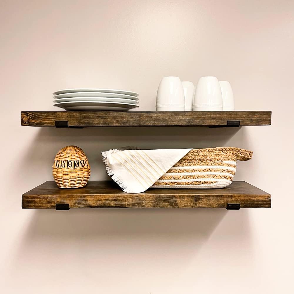 Rustic Shelves with J-Brackets Set of 2, Industrial Shelf, Kitchen Shelves, Solid Wood, Decorative