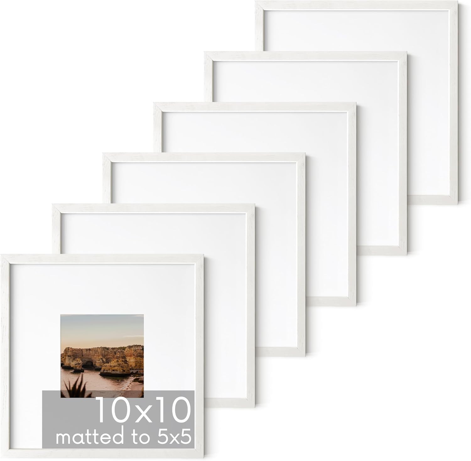 HAUS AND HUES Solid Oak Wood 10”x10” Picture Frames Matted to 5”x5” Set of 6 - Square White Picture