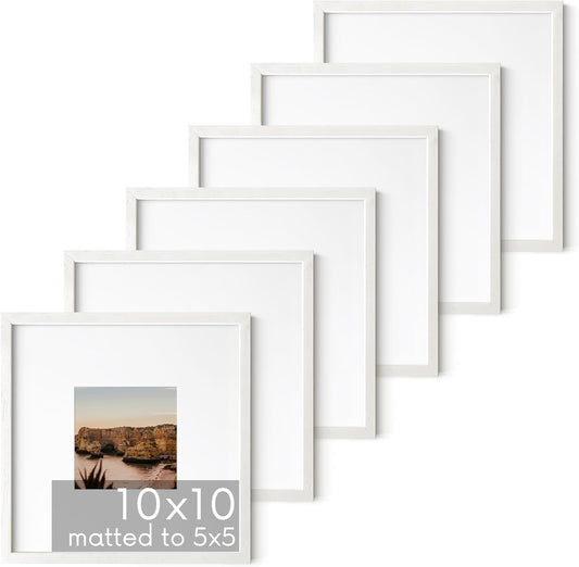 HAUS AND HUES Solid Oak Wood 10”x10” Picture Frames Matted to 5”x5” Set of 6 - Square White Picture