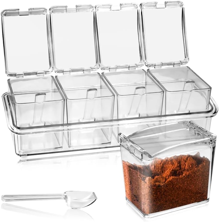 4-Cell Clear Seasoning Rack Spice Box, Storage Container Condiment Jars Acrylic Seasoning Box with