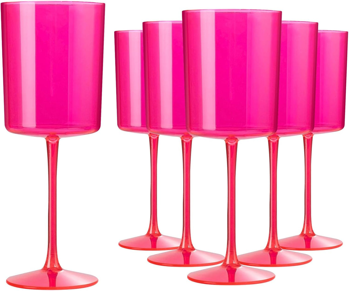 Ciaell 12 Pack Plastic Wine Glasses - 10Oz Hot Pink Plastic Wine Glasses With Stem - Disposable