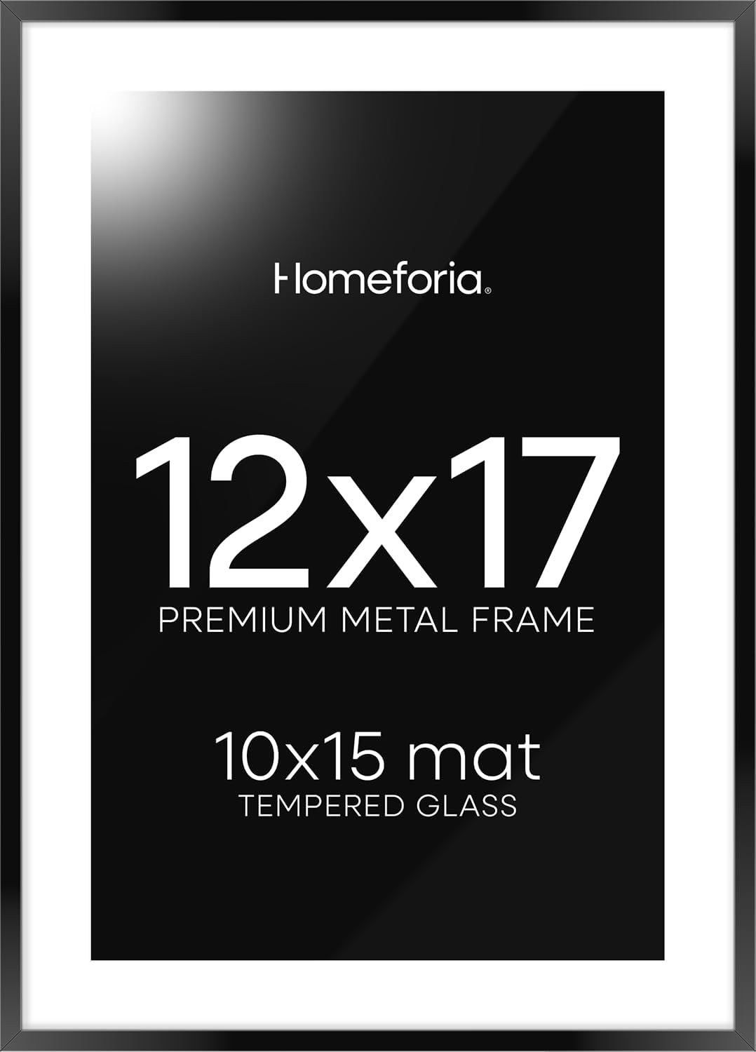 Homeforia 12x17 Picture Frame Black, High End Metal 12x17 Poster Frames with Mat 10x15 for Photo