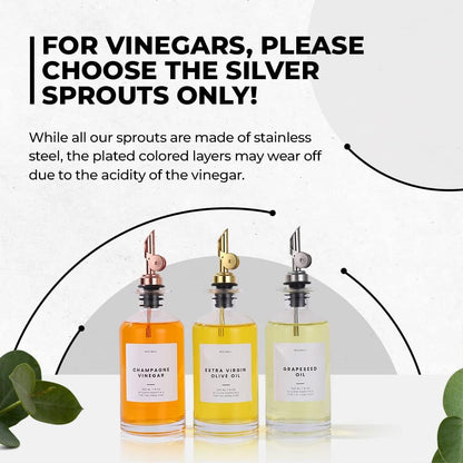 Molimoli Oil and Vinegar Dispenser with Metal Pour Spout, Weighted Pourer, Glass Bottle Dispenser