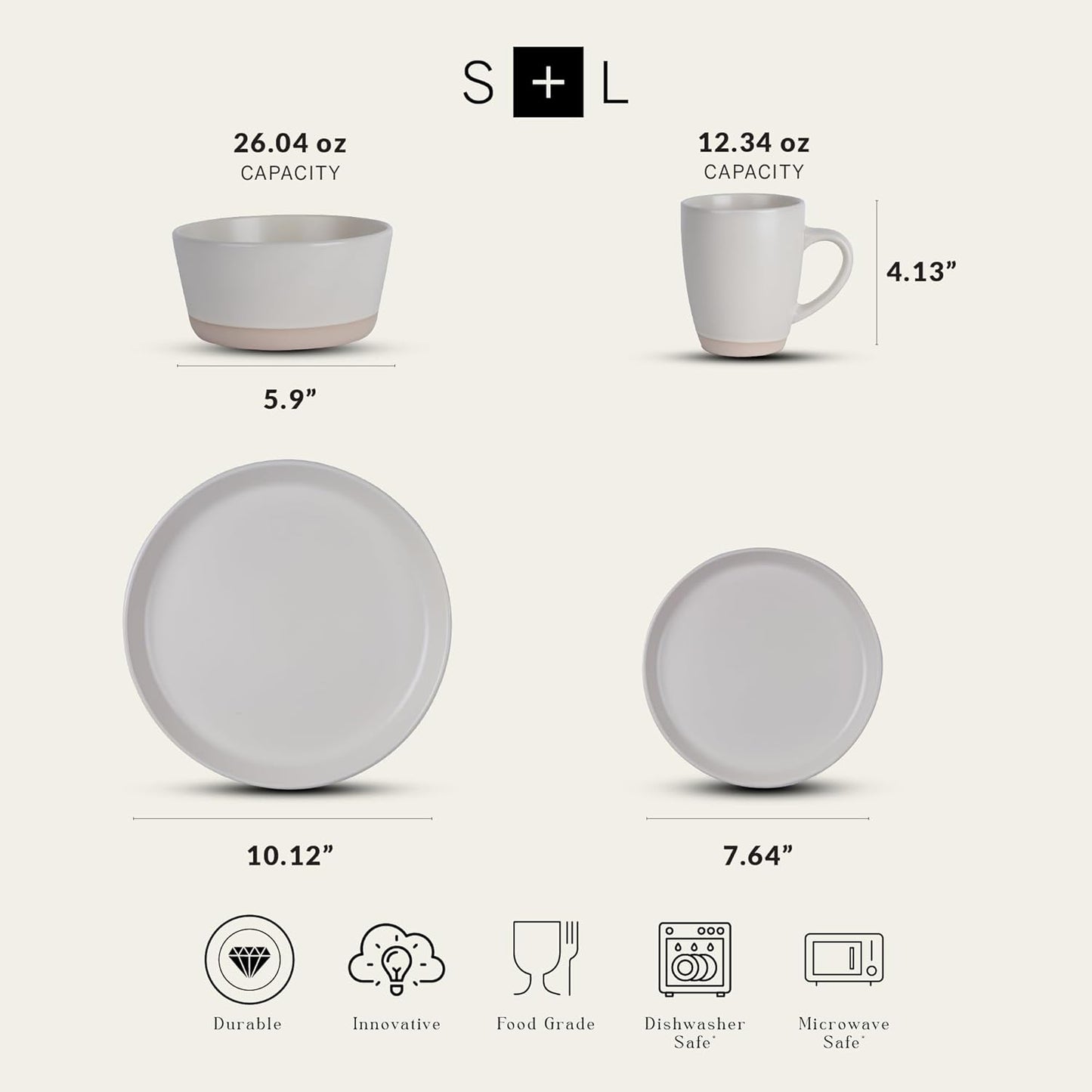 Stone Lain Jules Stoneware Dinnerware, Plates and Bowls, Dish Set for 4, Off White, Microwave &