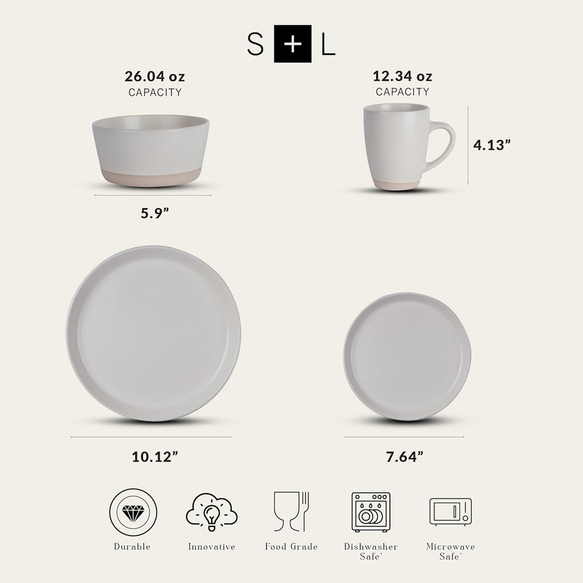 Stone Lain Jules Stoneware Dinnerware, Plates and Bowls, Dish Set for 4, Off White, Microwave &