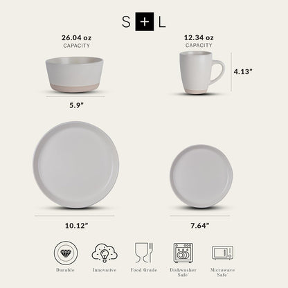 Stone Lain Jules Stoneware Dinnerware, Plates and Bowls, Dish Set for 4, Off White, Microwave &