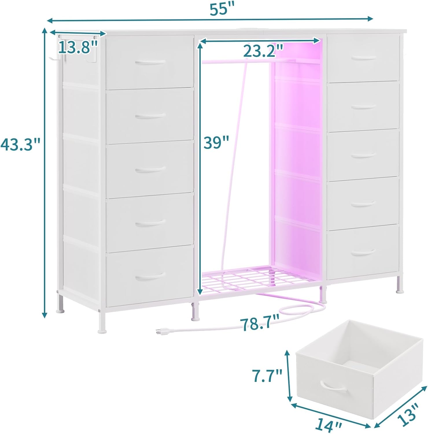 LUMTOK 55" W 2-in-1 Dresser with Hanging Rack, 10 Drawers Dresser for Bedroom, White Drawer