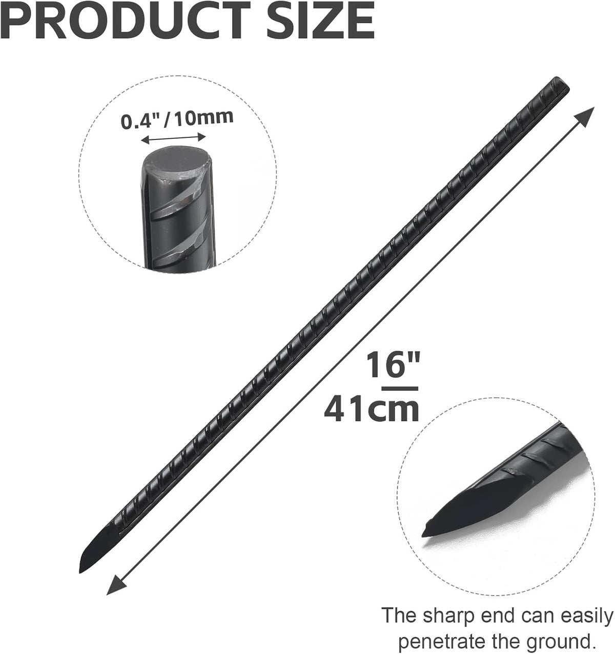 Rebar Stakes 16 Inch, 10 Pack Ground Stakes Heavy Duty with Chisel Point, Straight Metal Stakes for